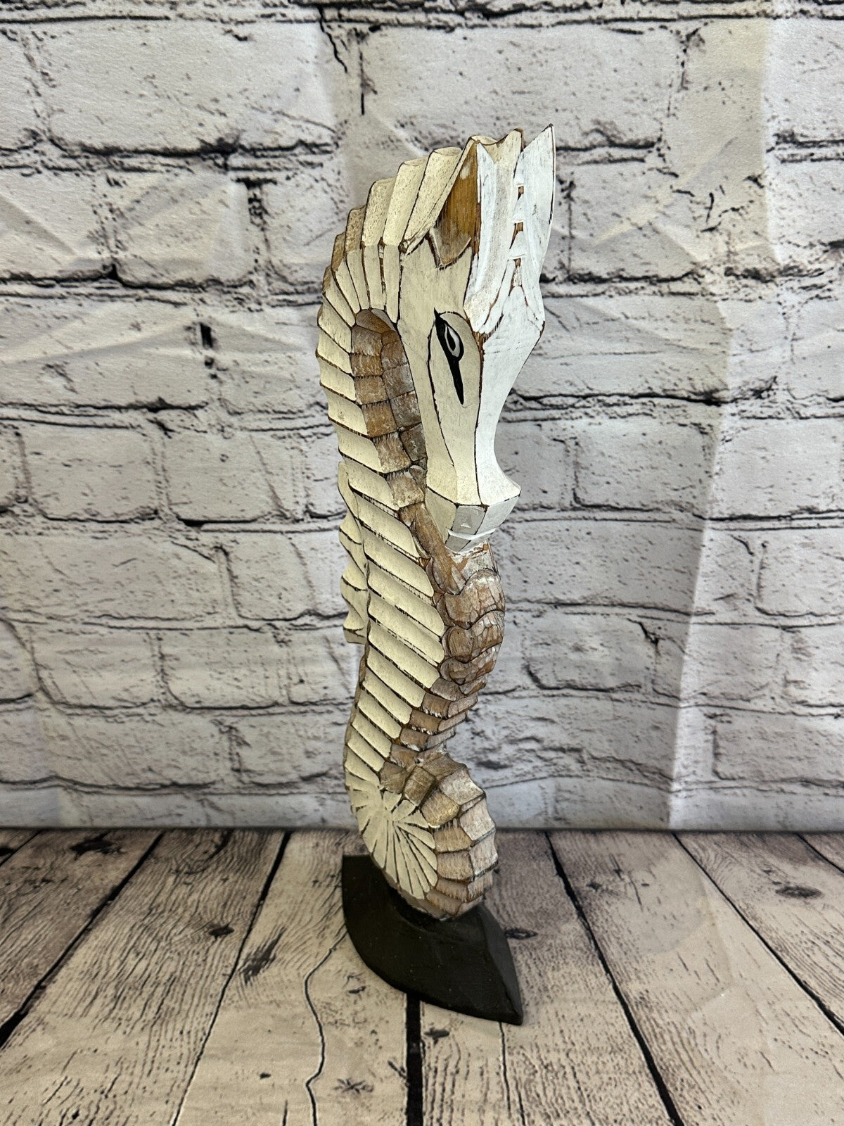 40cm White Brown Wooden Shabby Seahorse Statue Ornament Fair Trade Handcarved