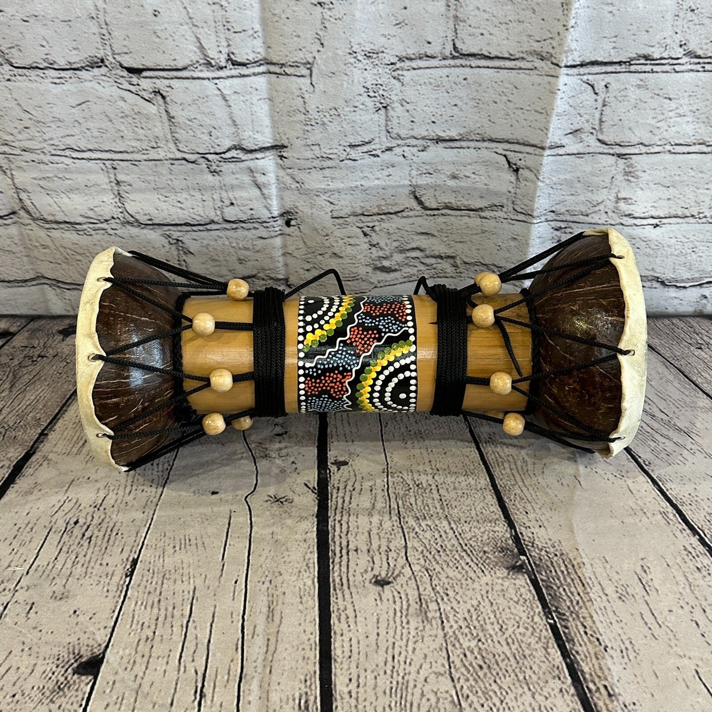 32cm Two Ended Wooden Djembe Bongo Painted African Influenced Drum High Handmade