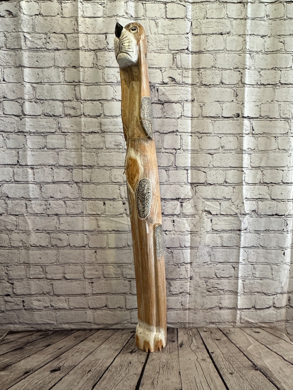 100cm Light Brown Flower Wooden Shabby Dog Statue Ornament Fair Trade Handcarved