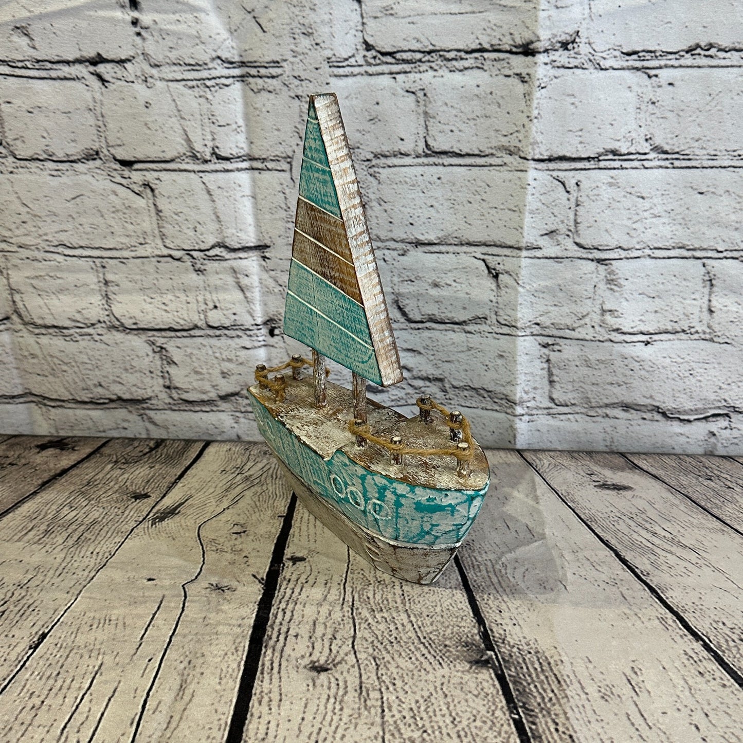25cm Rustic Wooden Brown & Green Sailing Boat Nautical Ornament Sculpture Decor