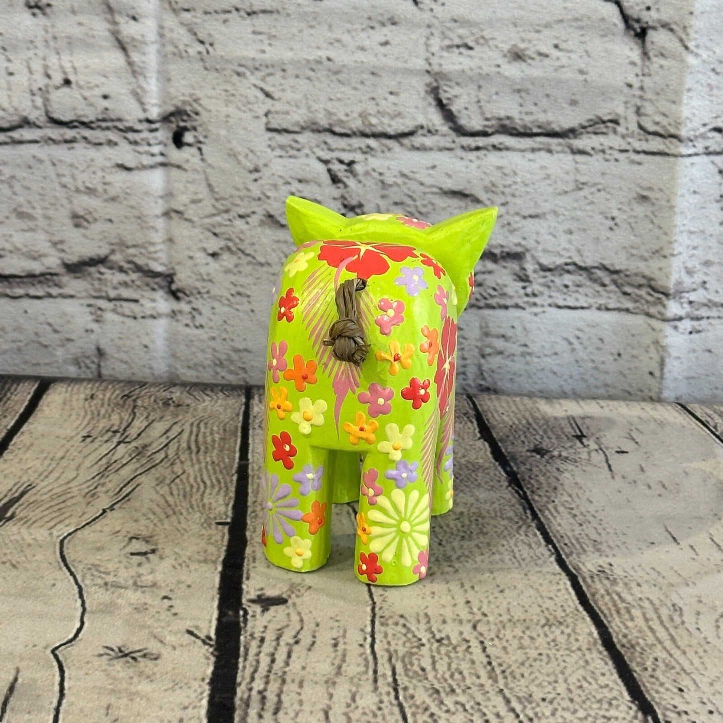 Green Small Wooden Cat With Flower Pattern 10cm x 8cm Handmade and Fairtrade