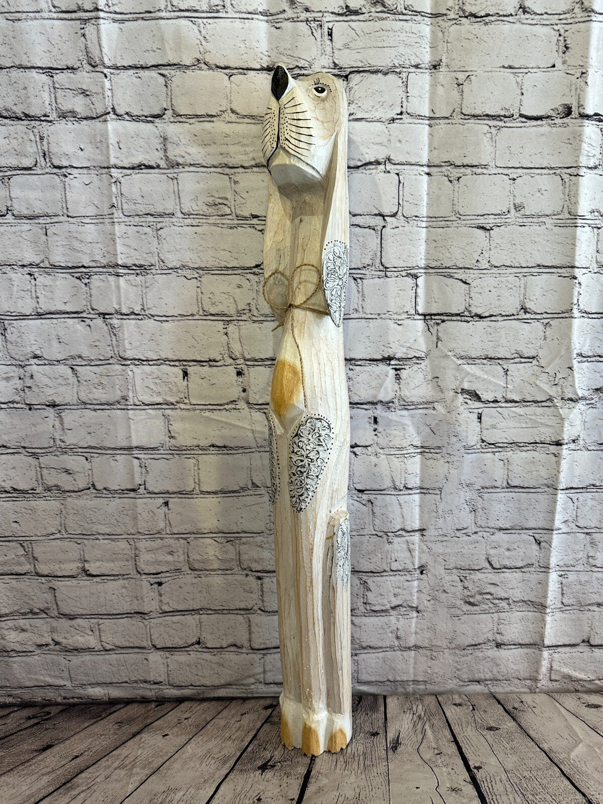 80cm White Flower Wooden Shabby Dog Statue Ornament Fair Trade Handcarved