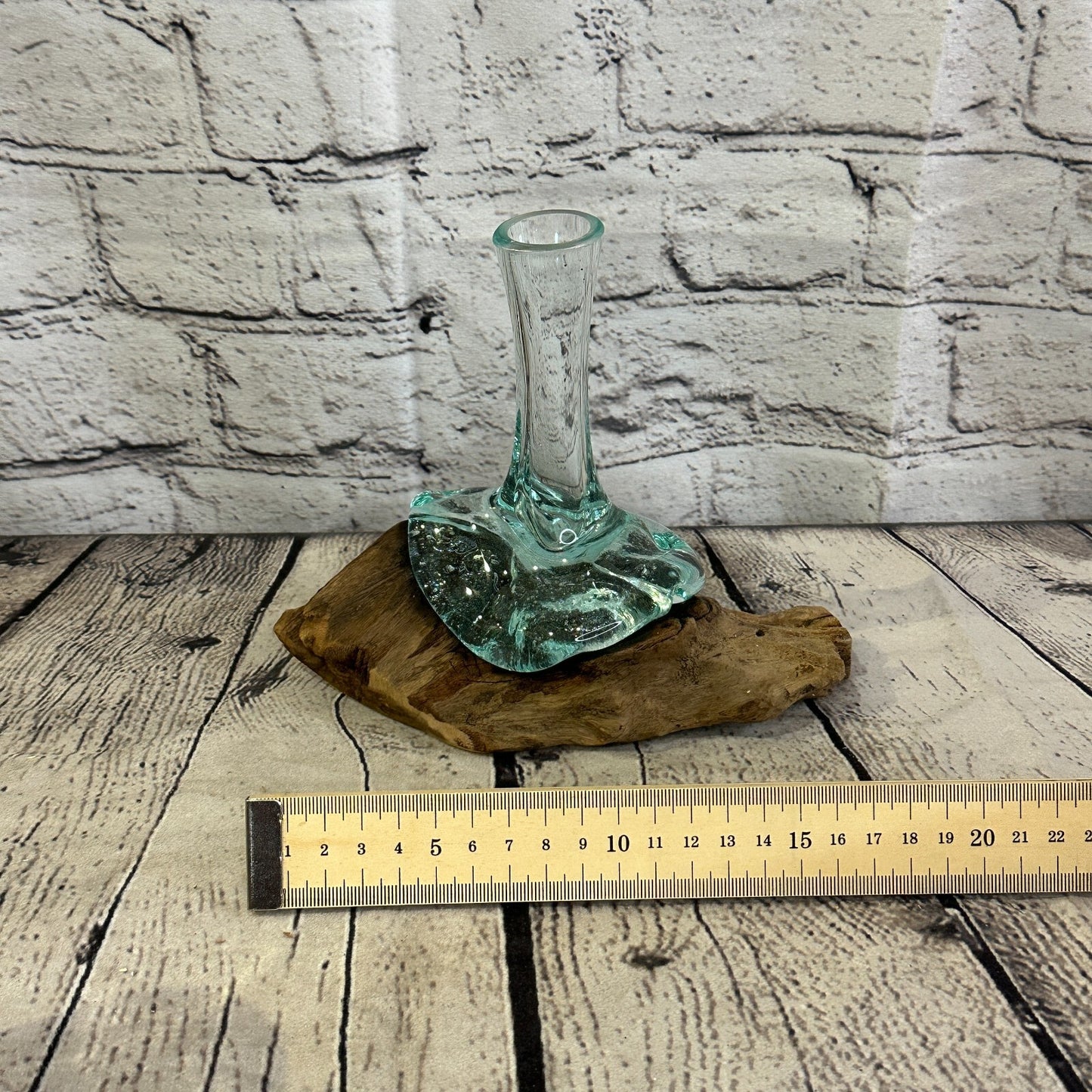 15cm x 10cm Molten Glass Round Vase Natural Root Wood Base Stand Decor Ornament