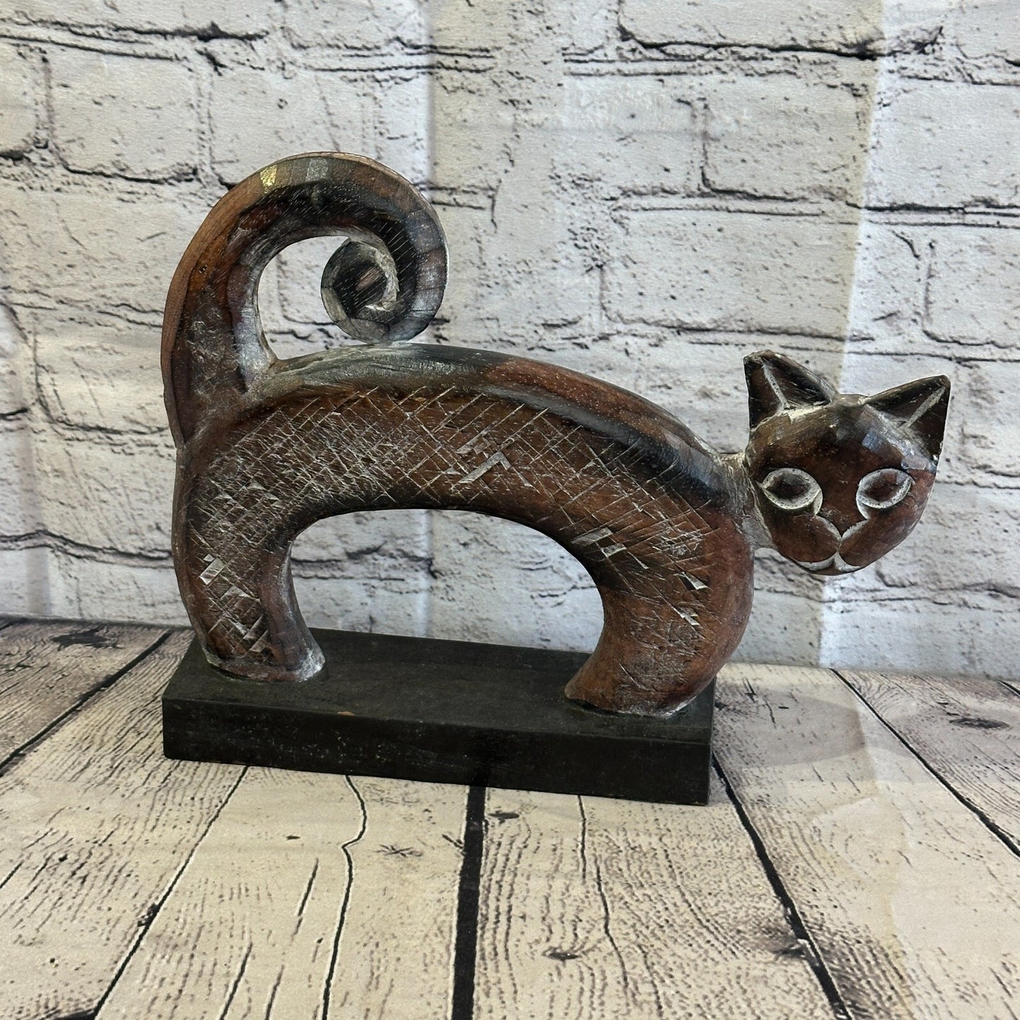 28cm x 25cm Wooden Tribal Primitive Black Cat Stand Sculpture Statue Art
