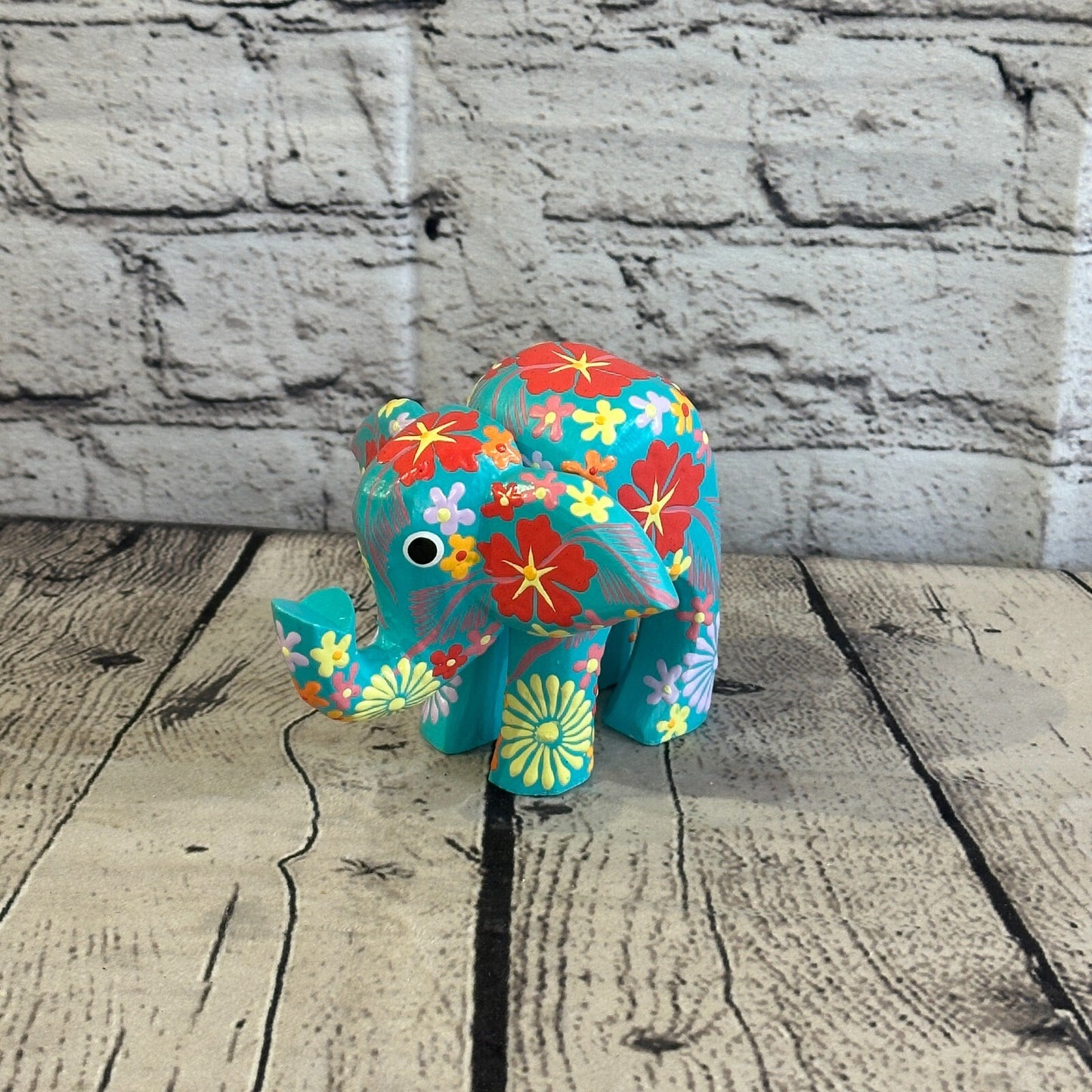 Blue Wooden Elephant With Flower Pattern 10cm x 12cm Handmade and Fairtrade