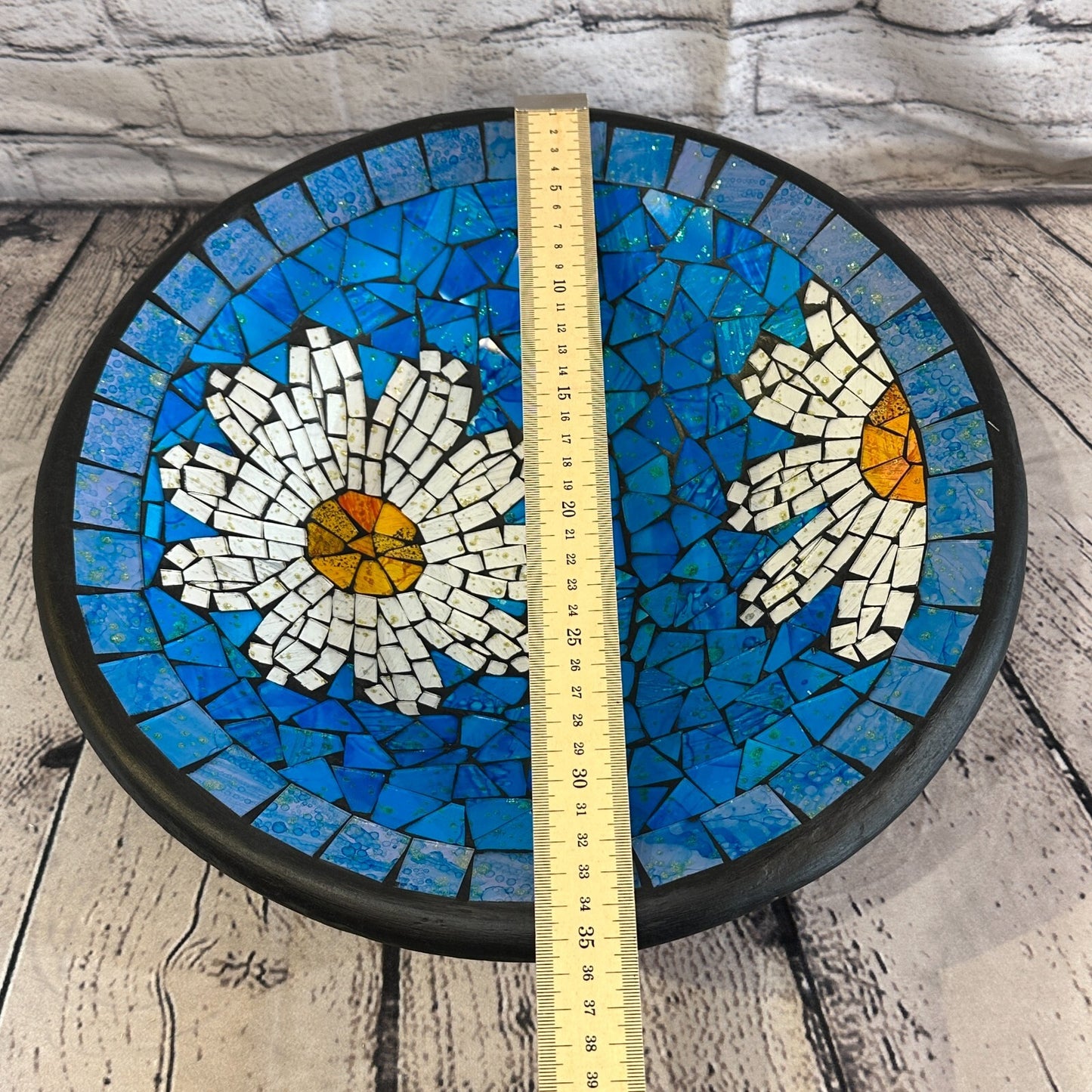 35cm Blue Daisy Flower Round Mosaic Handmade Ceramic Glass Tile Bowl Fruit