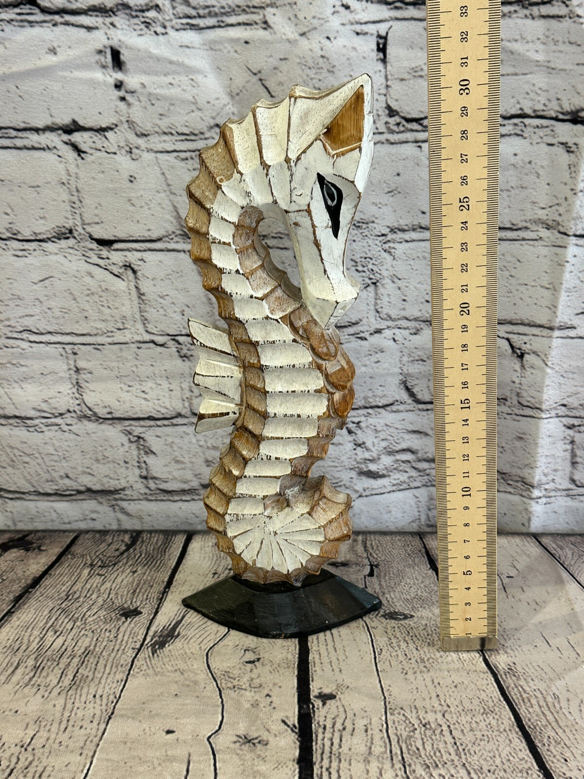30cm White Brown Wooden Shabby Seahorse Statue Ornament Fair Trade Handcarved