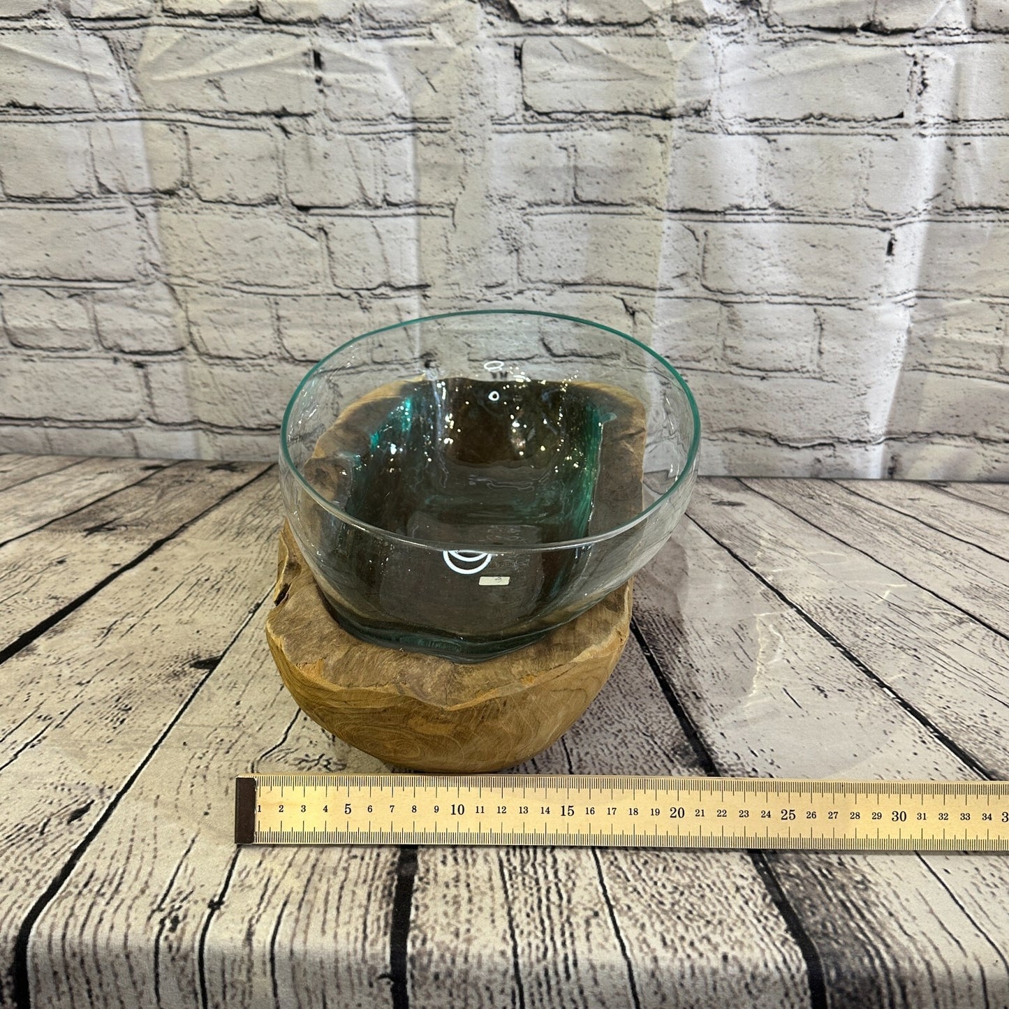 15cm x 40cm Molten Glass Round Bowl Natural Root Wood Base Stand Decor Ornament