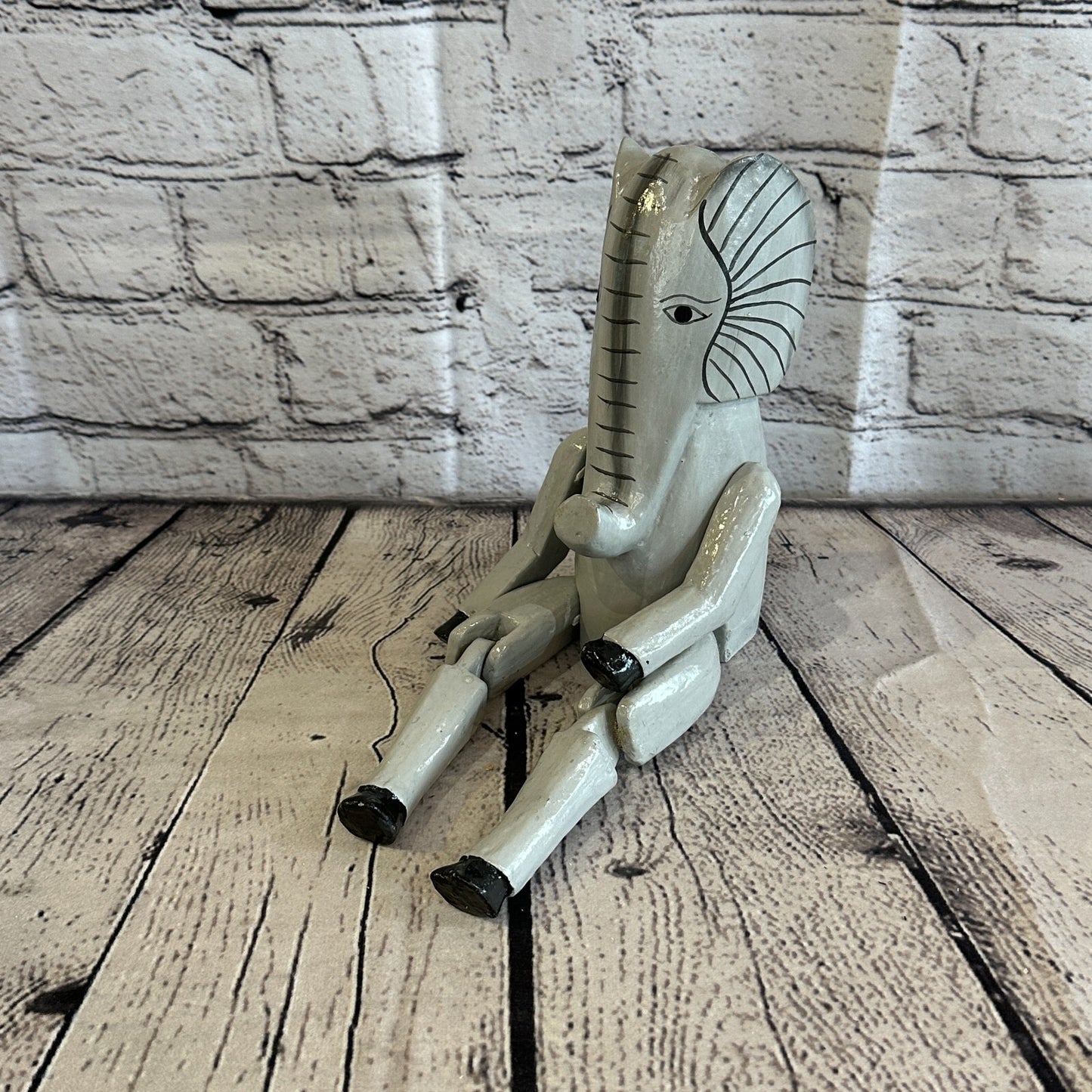 20cm Grey Elephant Sitting Animal, Wooden Shelf Ornament Handmade & Fairtrade