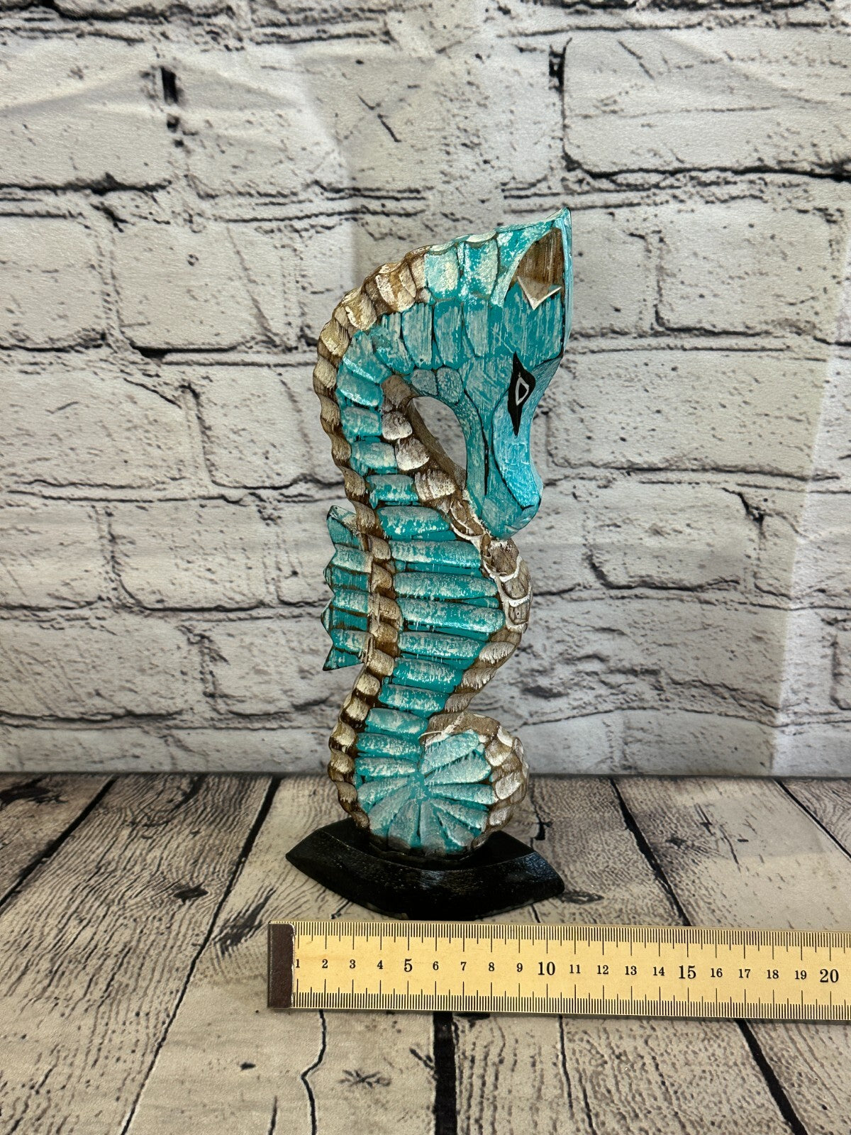 30cm Green Brown Wooden Shabby Seahorse Statue Ornament Fair Trade Handcarved