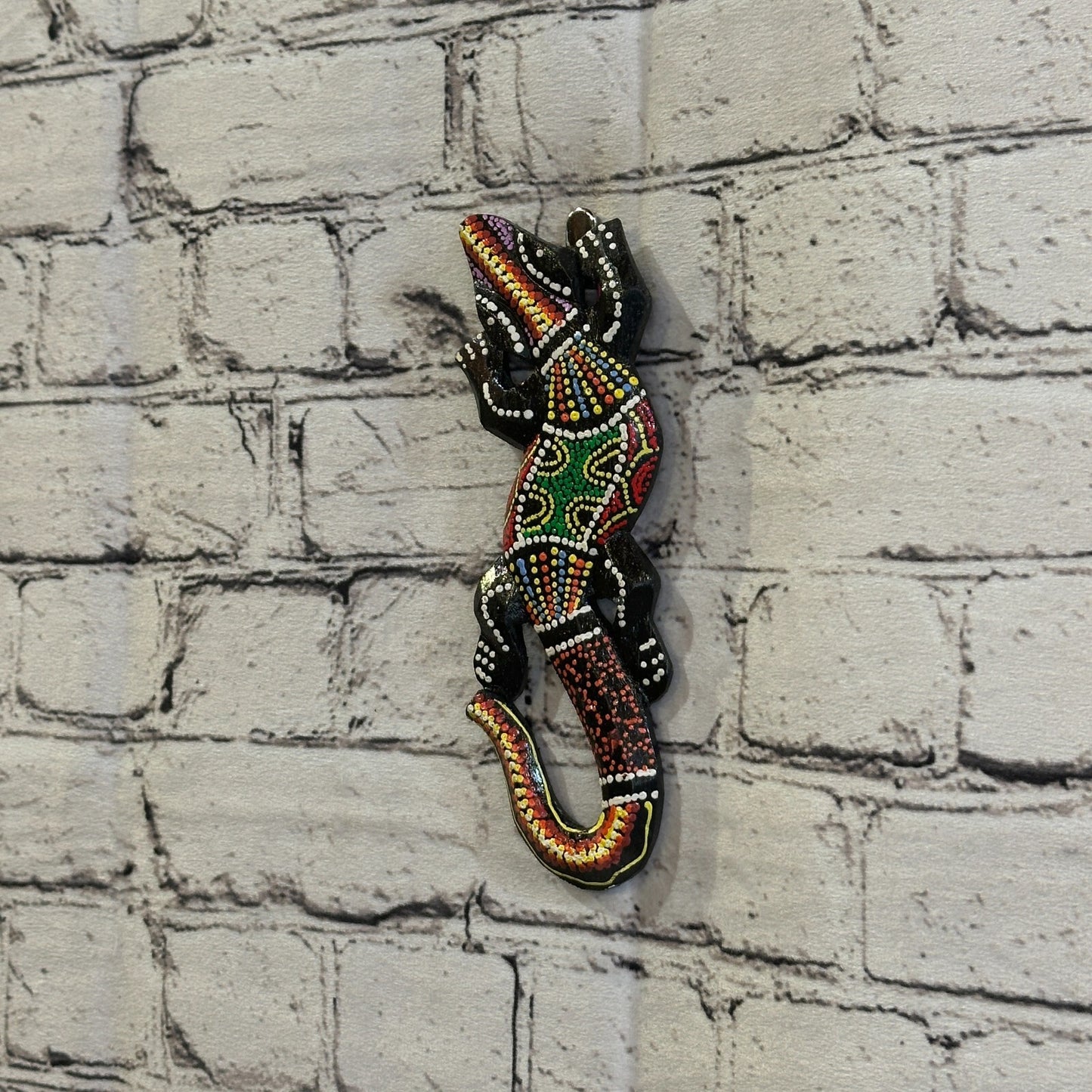 20cm Gecko Carved Wooden Dot Painted Ethnic Tribal Tiki Wall Handmade No 6
