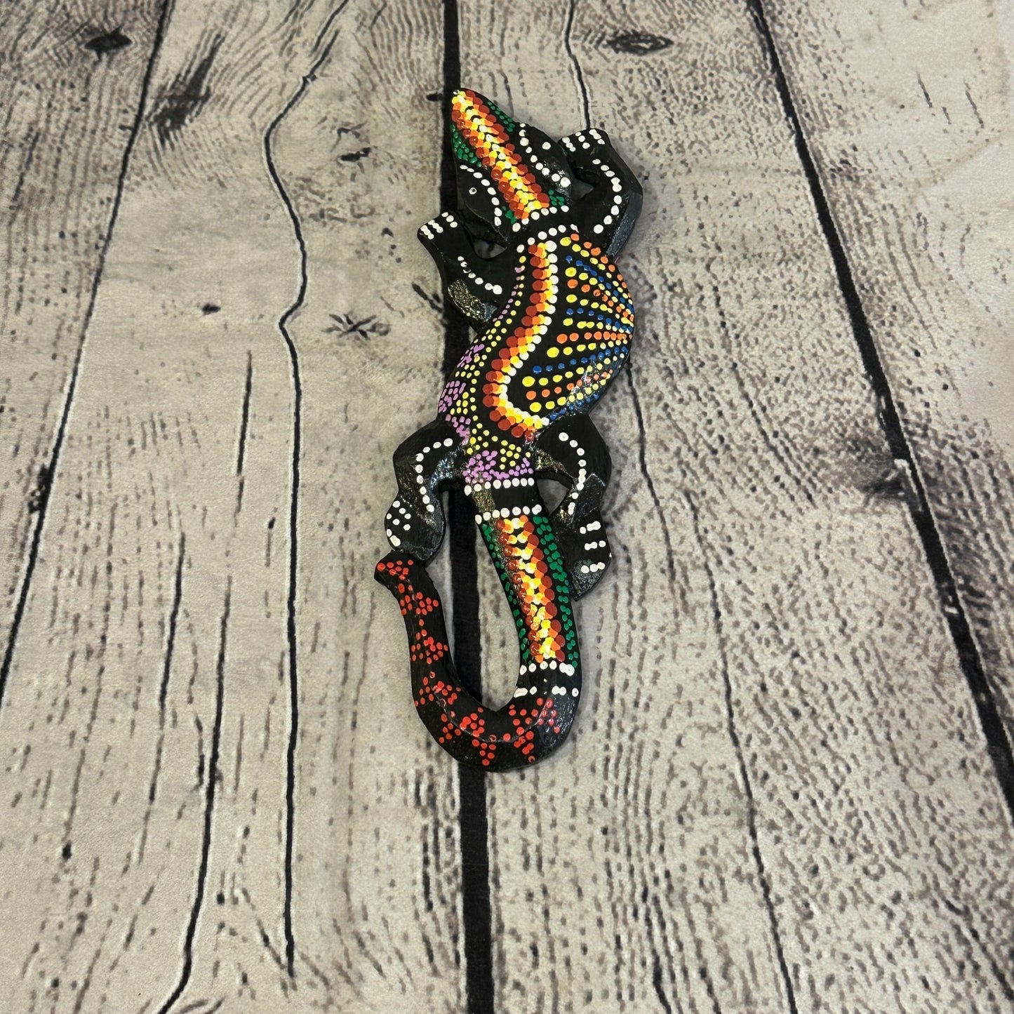20cm Gecko Carved Wooden Dot Painted Ethnic Tribal Tiki Wall Handmade No 8