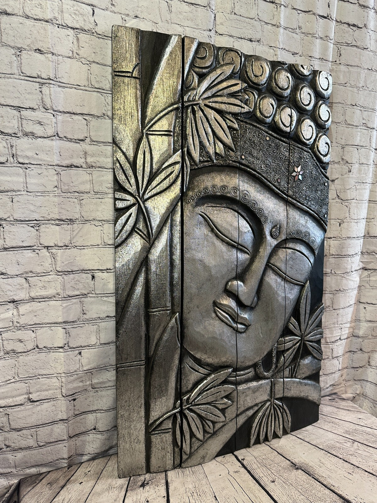 100cm x 60cm Buddha Silver Panel Wooden Wood Panel Wall Art Plaque Handcarved