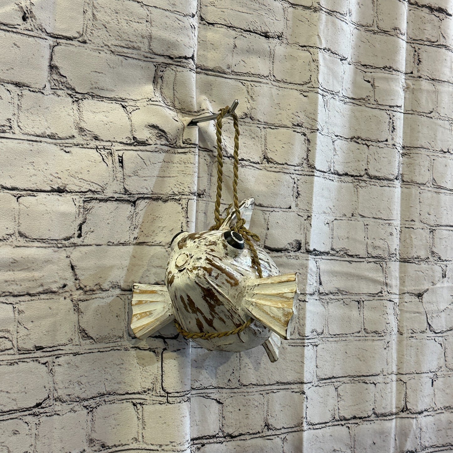 Plain White Folk Art Hand Painted Puffer Fish Coconut Shell Ornaments Hanging