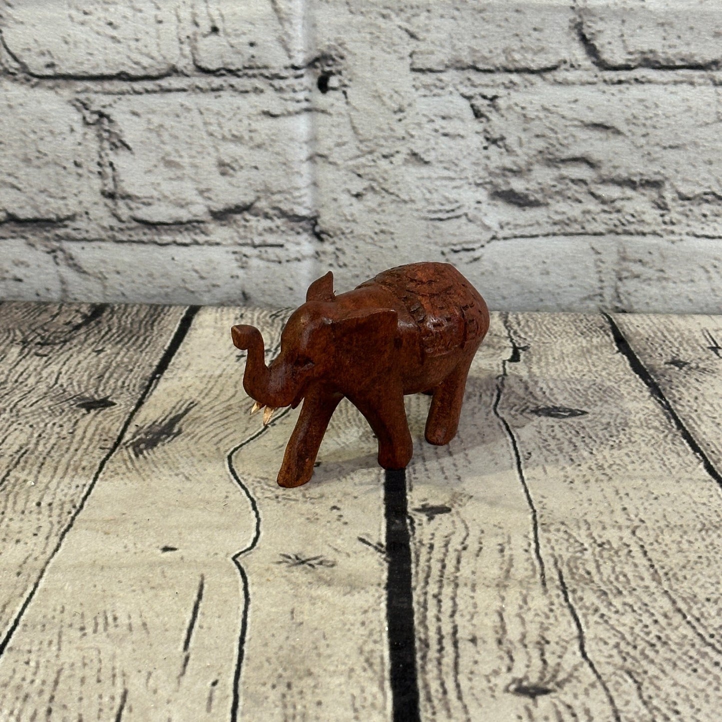 10cm x 6cm Carved Wooden Baby Elephant Wood Brown Sculpture Retro Handmade