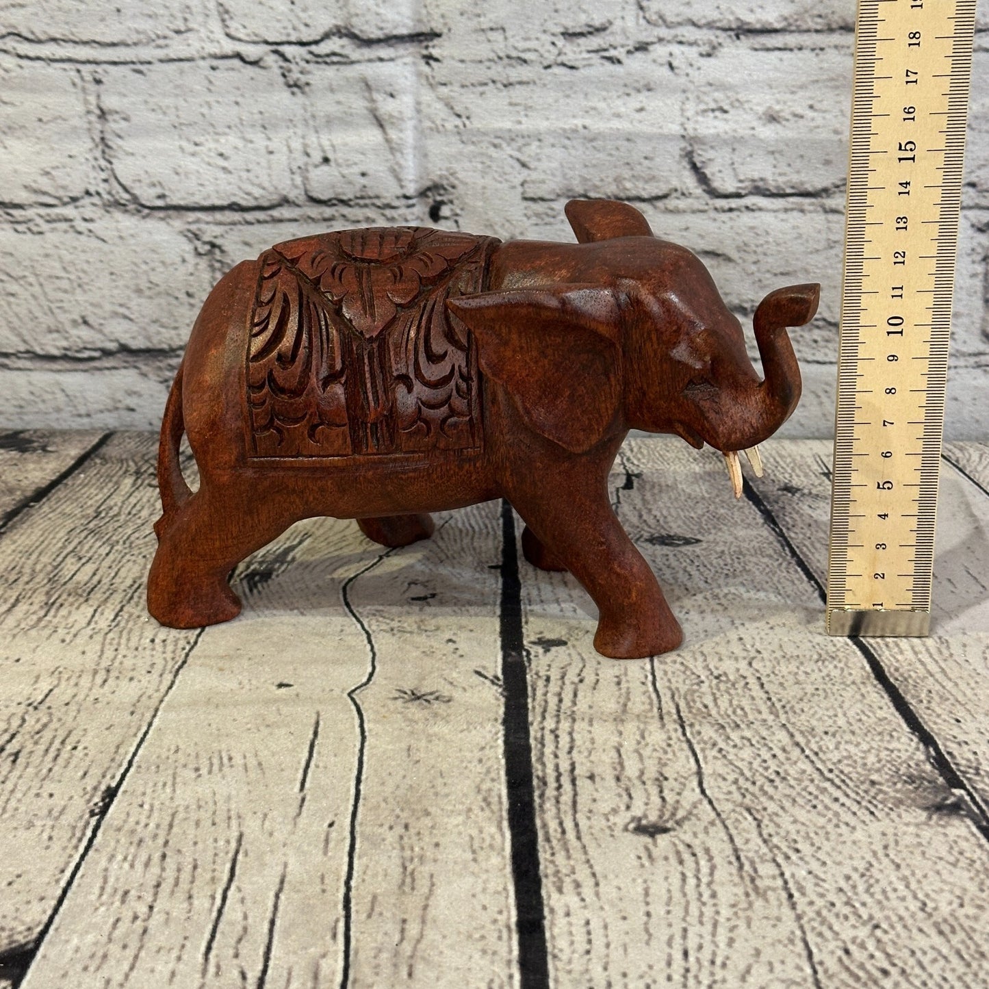 18cm x 12cm Carved Wooden Baby Elephant Wood Brown Sculpture Retro Handmade