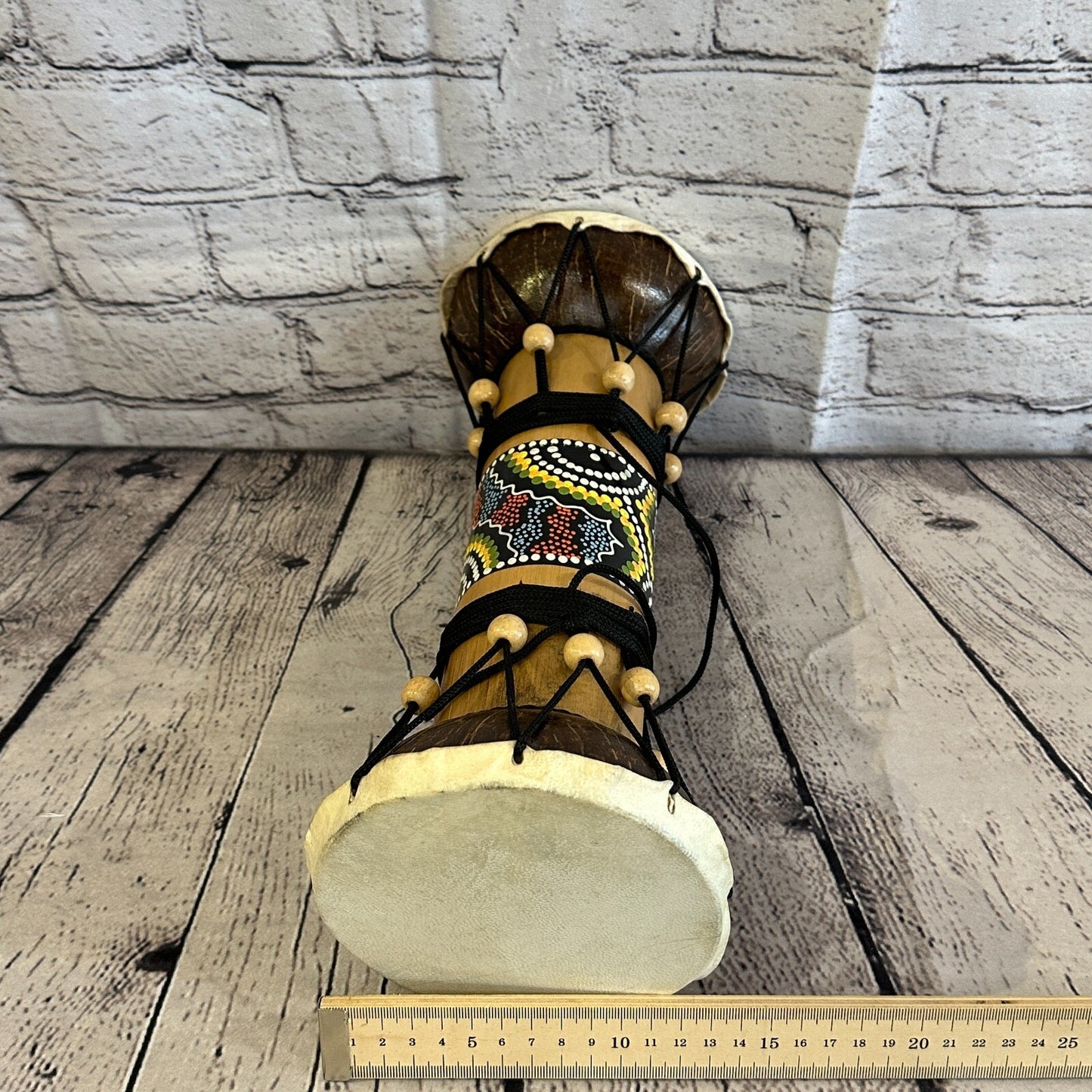 32cm Two Ended Wooden Djembe Bongo Painted African Influenced Drum High Handmade