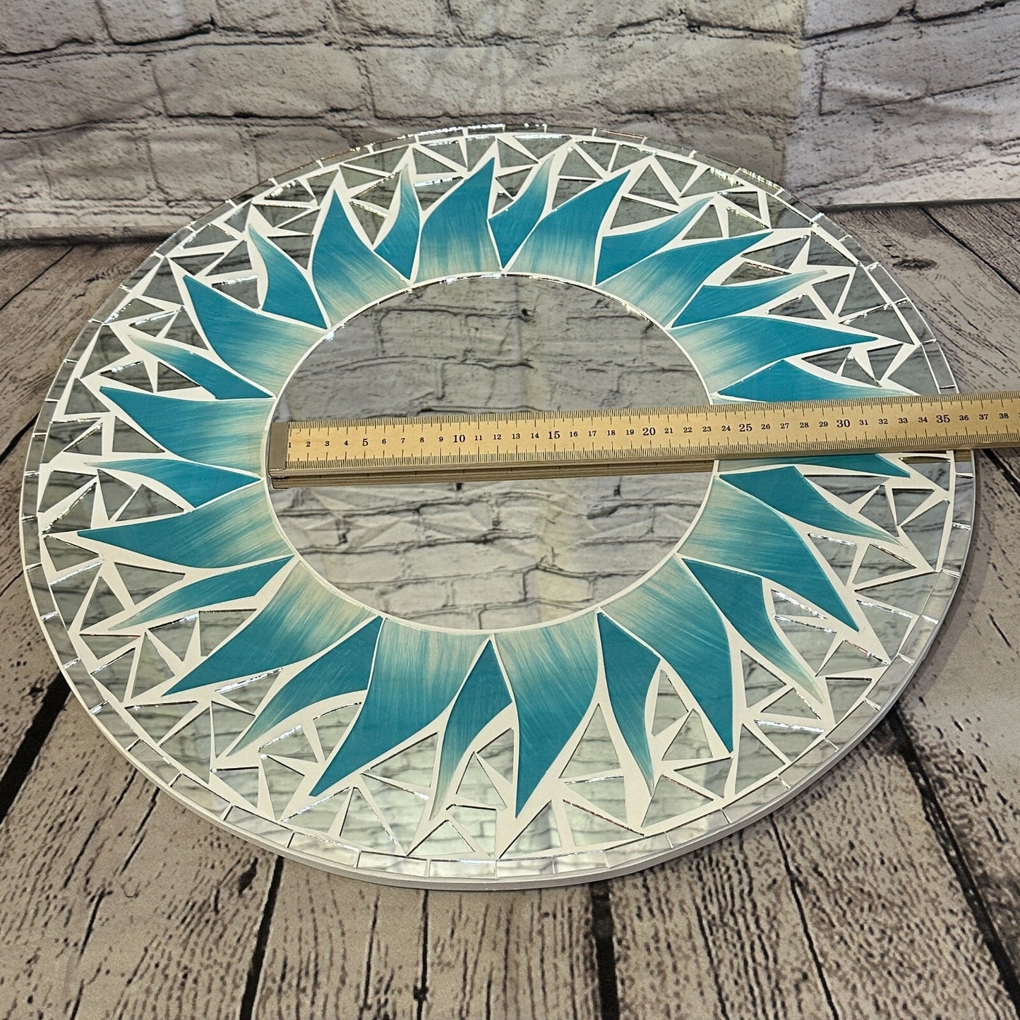 Turquoise Blue Flame Sun Mosaic Tile Wall Mirror 50cm x 50cm 20 Inches Handmade