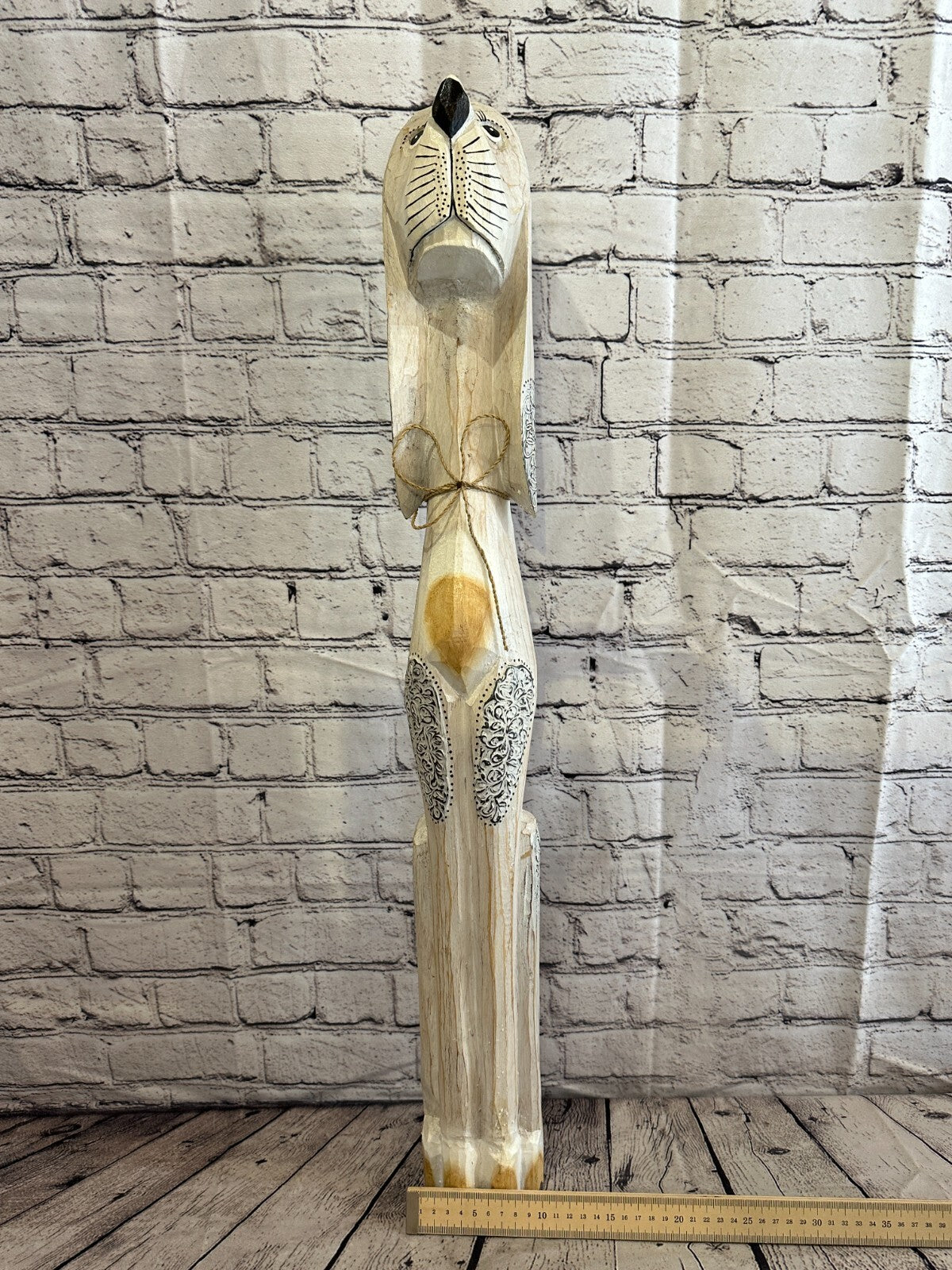 80cm White Flower Wooden Shabby Dog Statue Ornament Fair Trade Handcarved