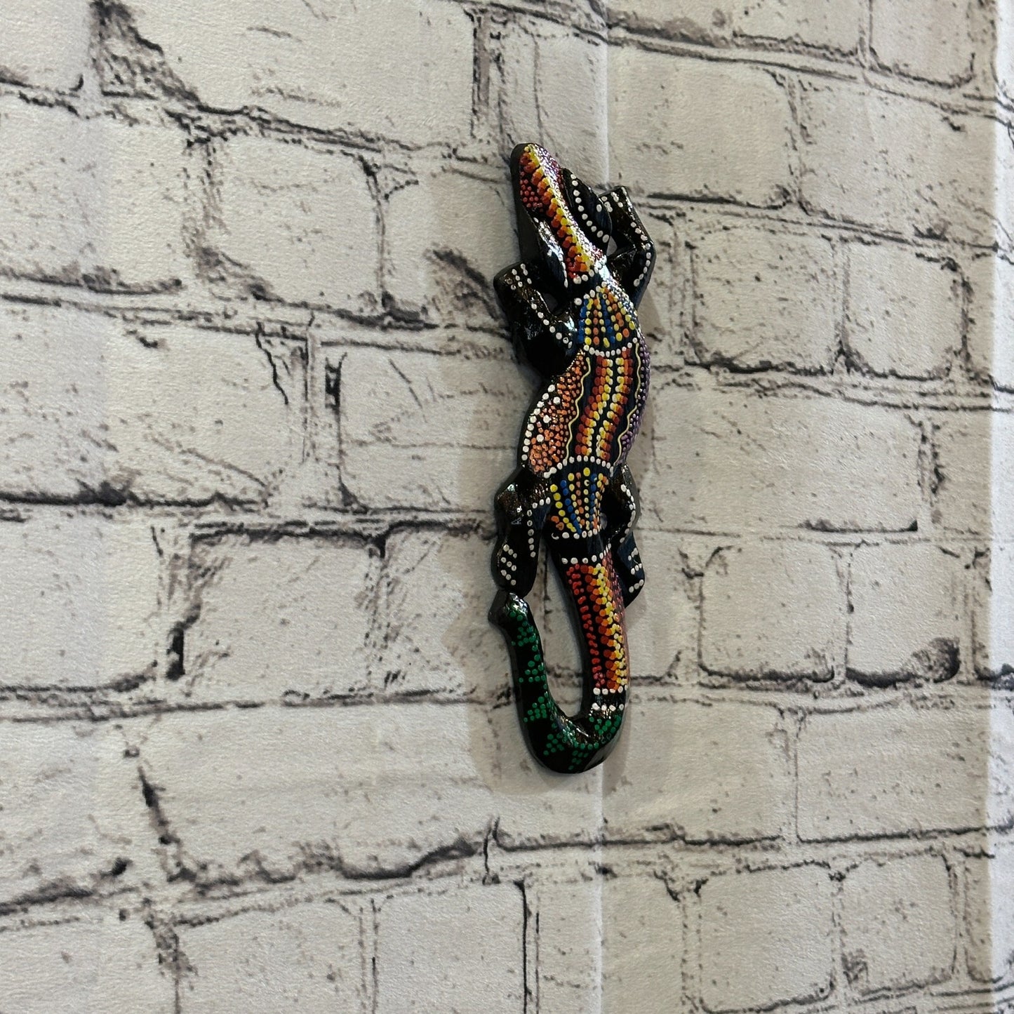 20cm Gecko Carved Wooden Dot Painted Ethnic Tribal Tiki Wall Handmade No 5