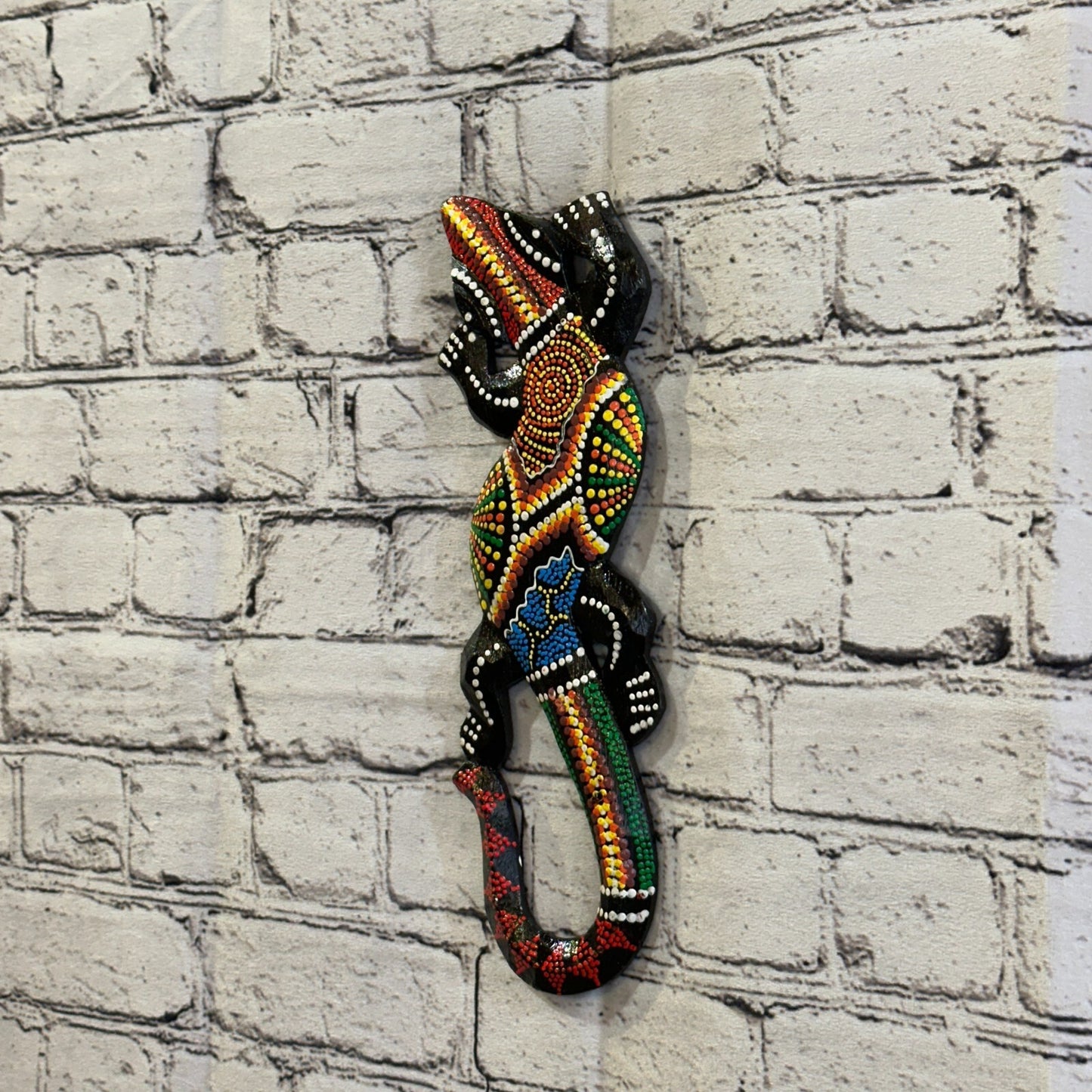30cm Gecko Carved Wooden Dot Painted Ethnic Tribal Tiki Wall Handmade No 6