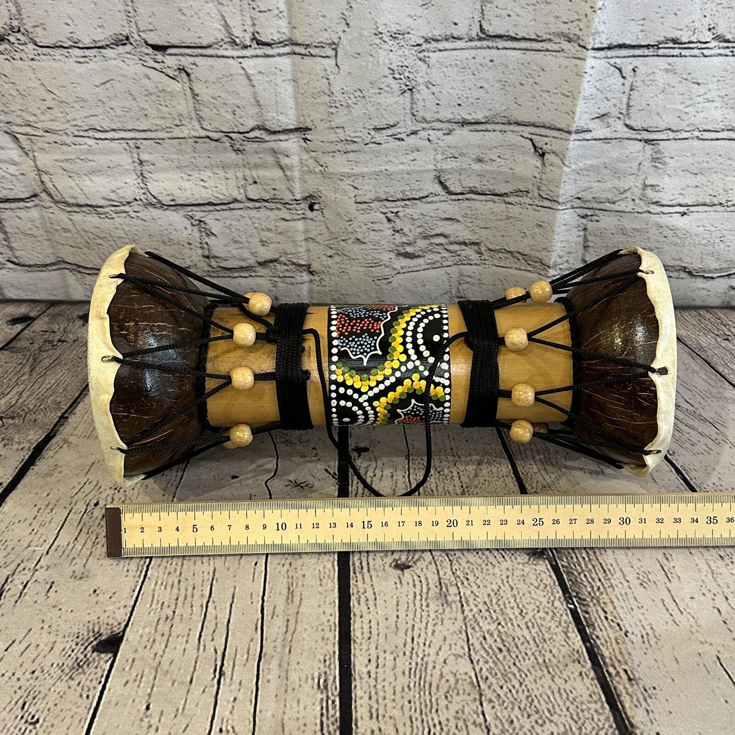 32cm Two Ended Wooden Djembe Bongo Painted African Influenced Drum High Handmade