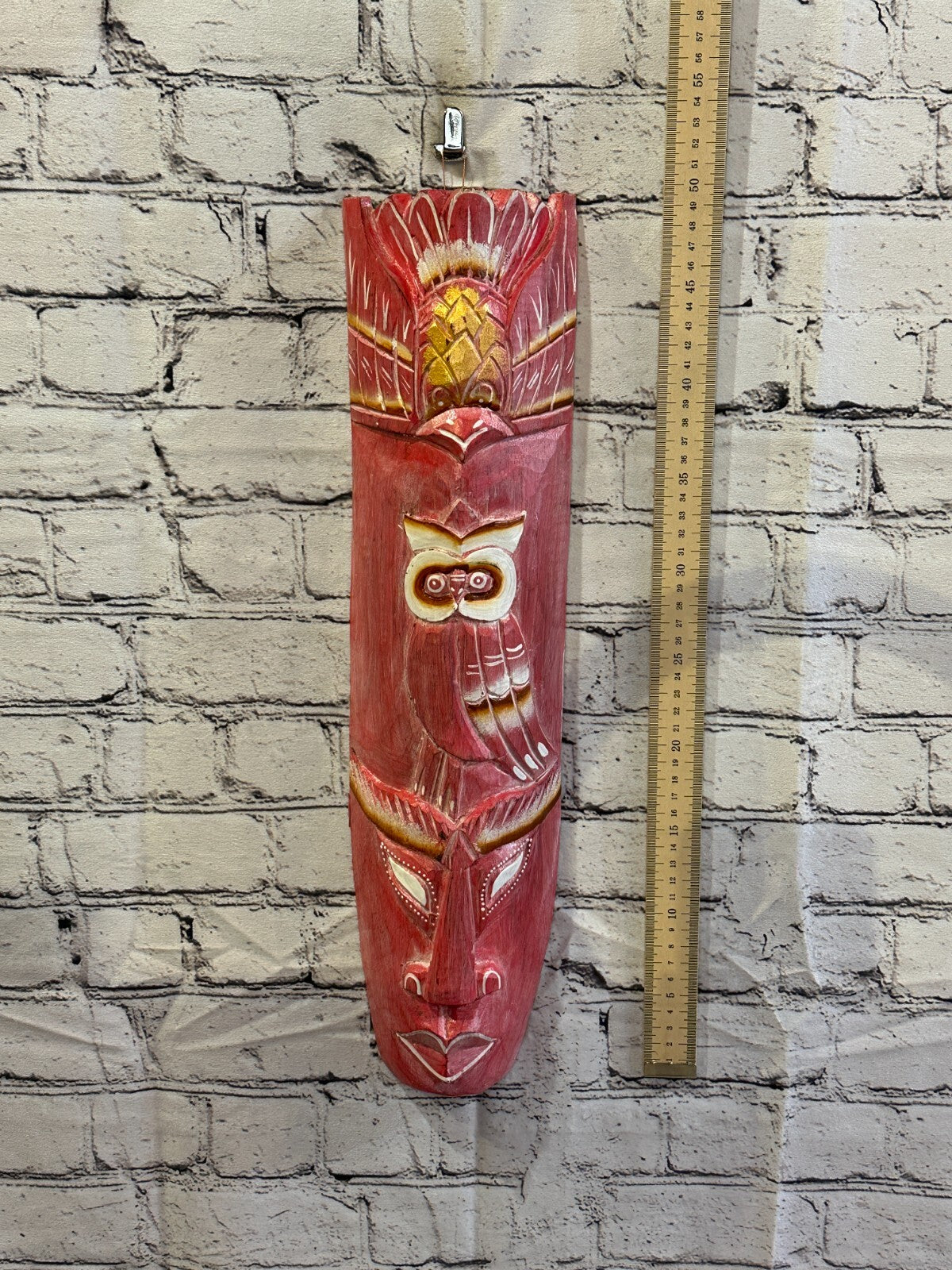 50cm Pink Owl Hand Carved Fair Trade Wooden Animal Wall Art Wall Hang Mask