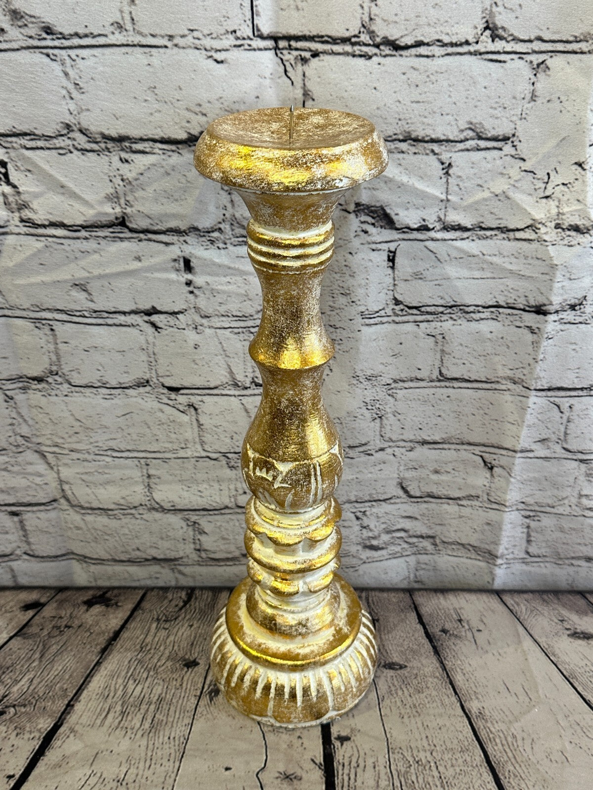 40cm Gold Tall Candlestick Shabby Chic Distressed Solid Column Candle Holder