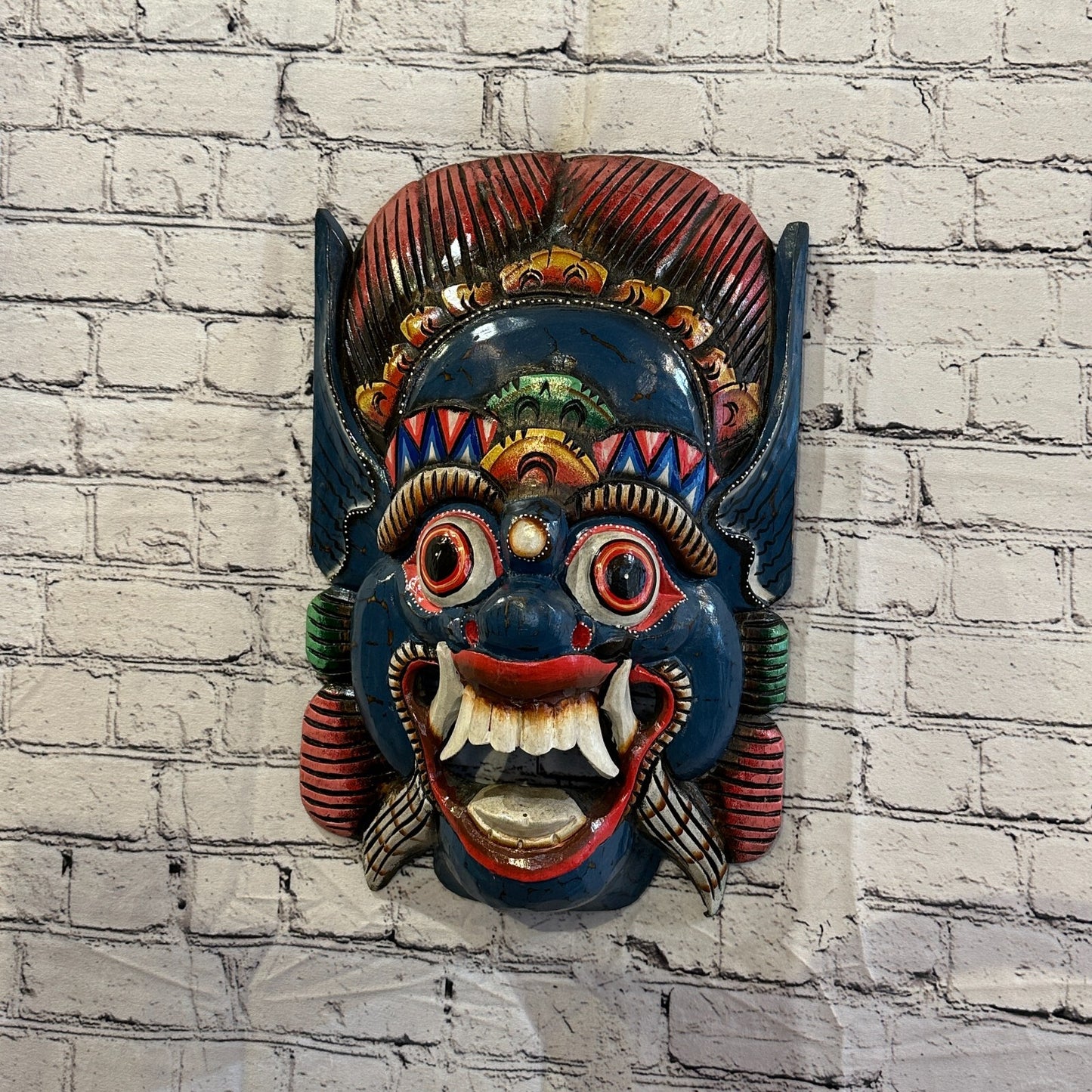 Large Wooden Blue Barong Wall Mask 50cm x 30cm Handmade And Fairtrade