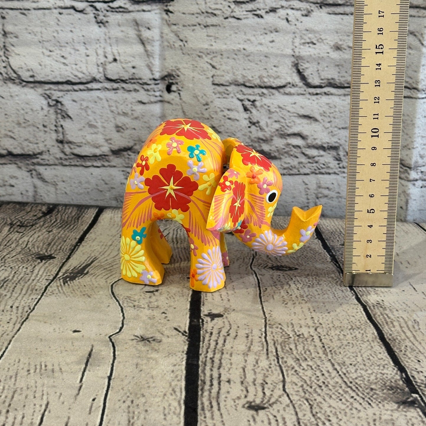 Orange Wooden Elephant With Flower Pattern 10cm x 12cm Handmade and Fairtrade