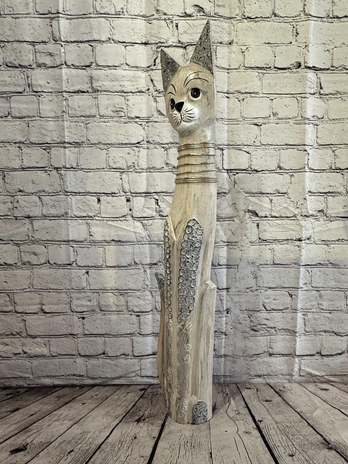 80cm White Swirl Flower Wooden Shabby Cat Statue Ornament Fair Trade Handcarved