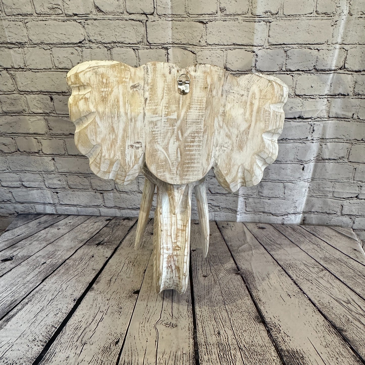 30cm x 30cm Cream White Carved Wood Elephant Head Wall Mounted Art Large Shabby