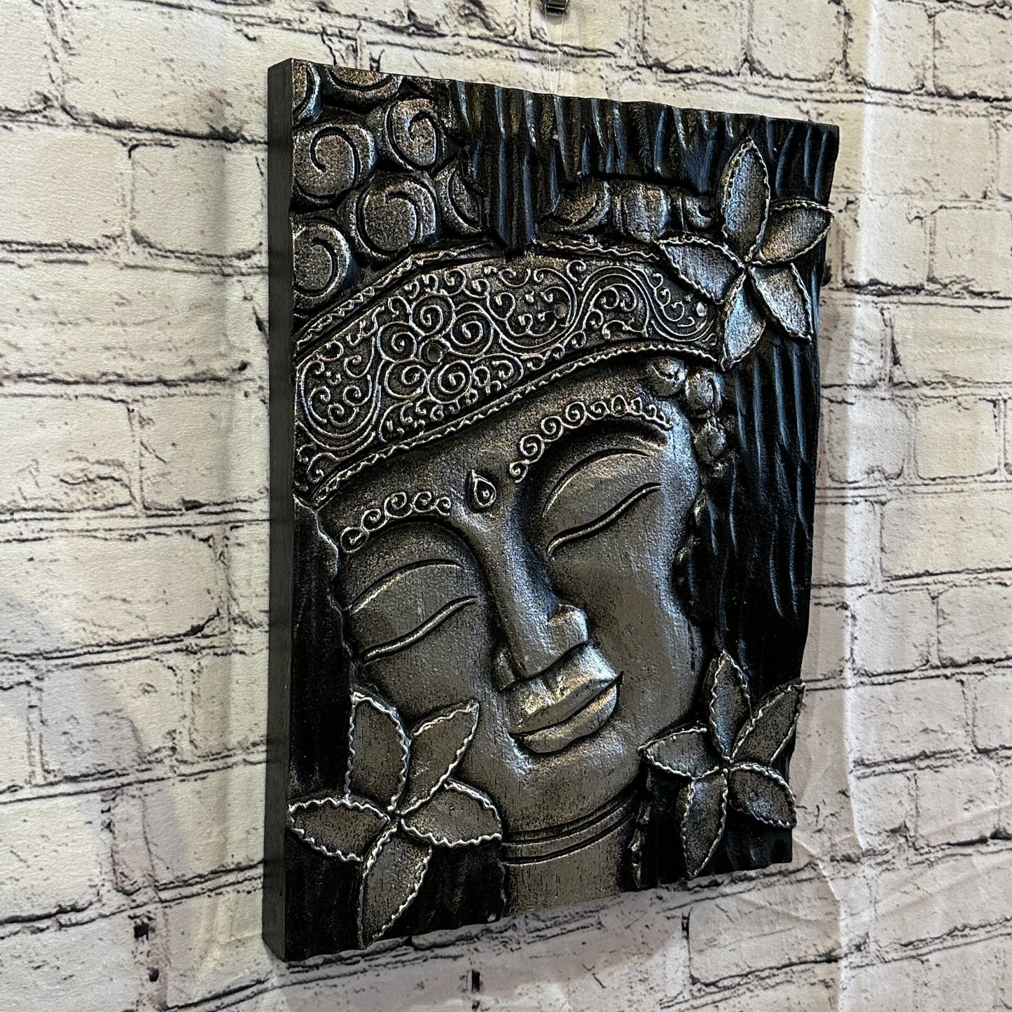 Wooden Wood Panel 40cm Brown Silver Buddha Hibiscus Wall Art Plaque Handcarved