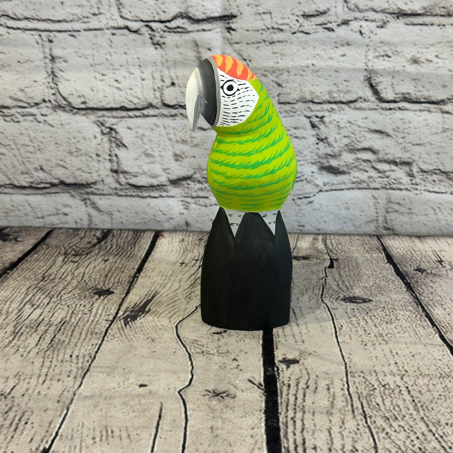 15cm Green Parrot Bird Ornament Statue Fair Trade Hand Made Carved Wood