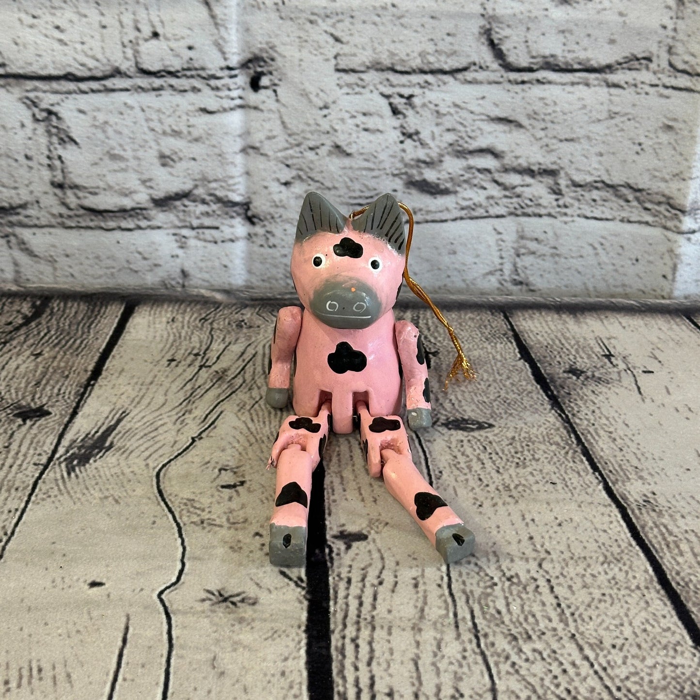 10cm Pink Pig Sitting Animal, Wooden Shelf Ornament Handmade and Fairtrade