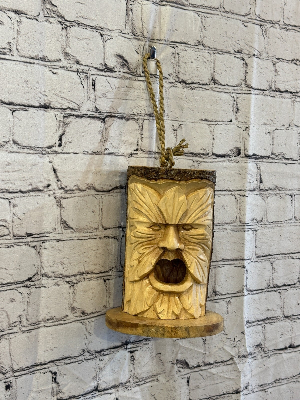 Bird House Green Man Of The Woods 25cm Hand Carved Tree Trunk Wood Fairtrade
