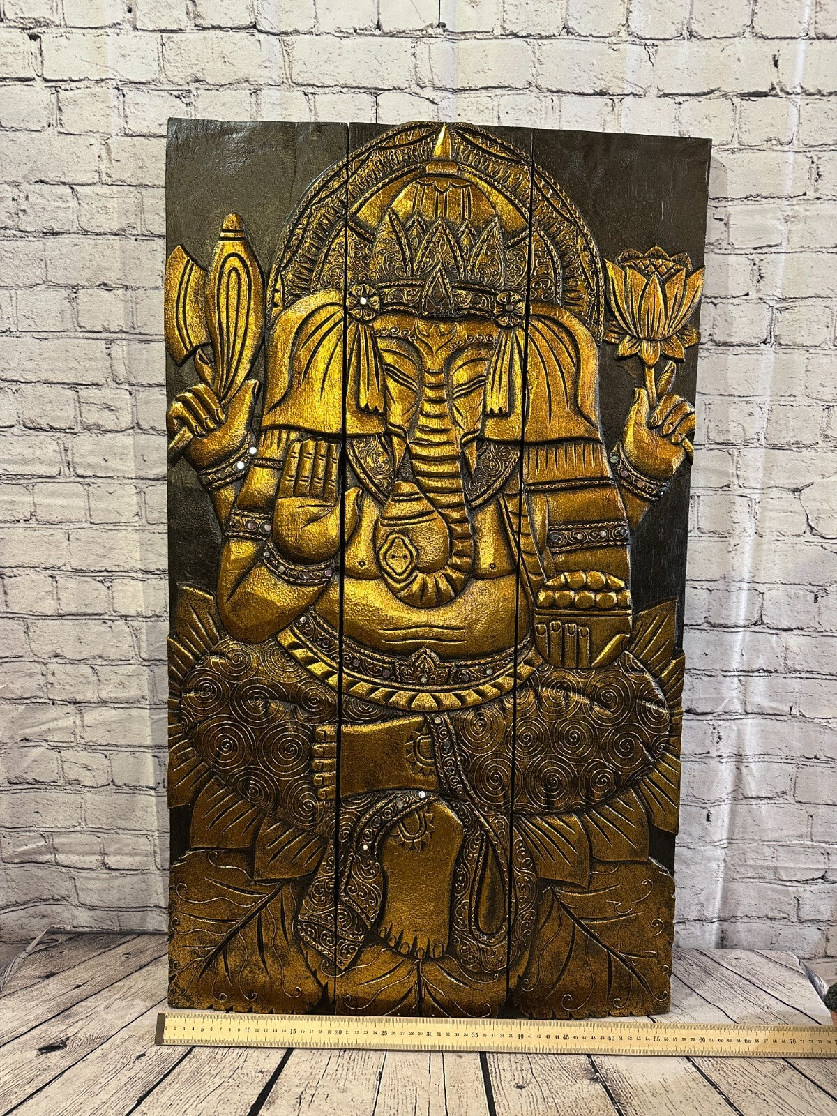 100cm x 60cm Ganesh Gold Panel Wooden Wood Panel Wall Art Plaque Handcarved