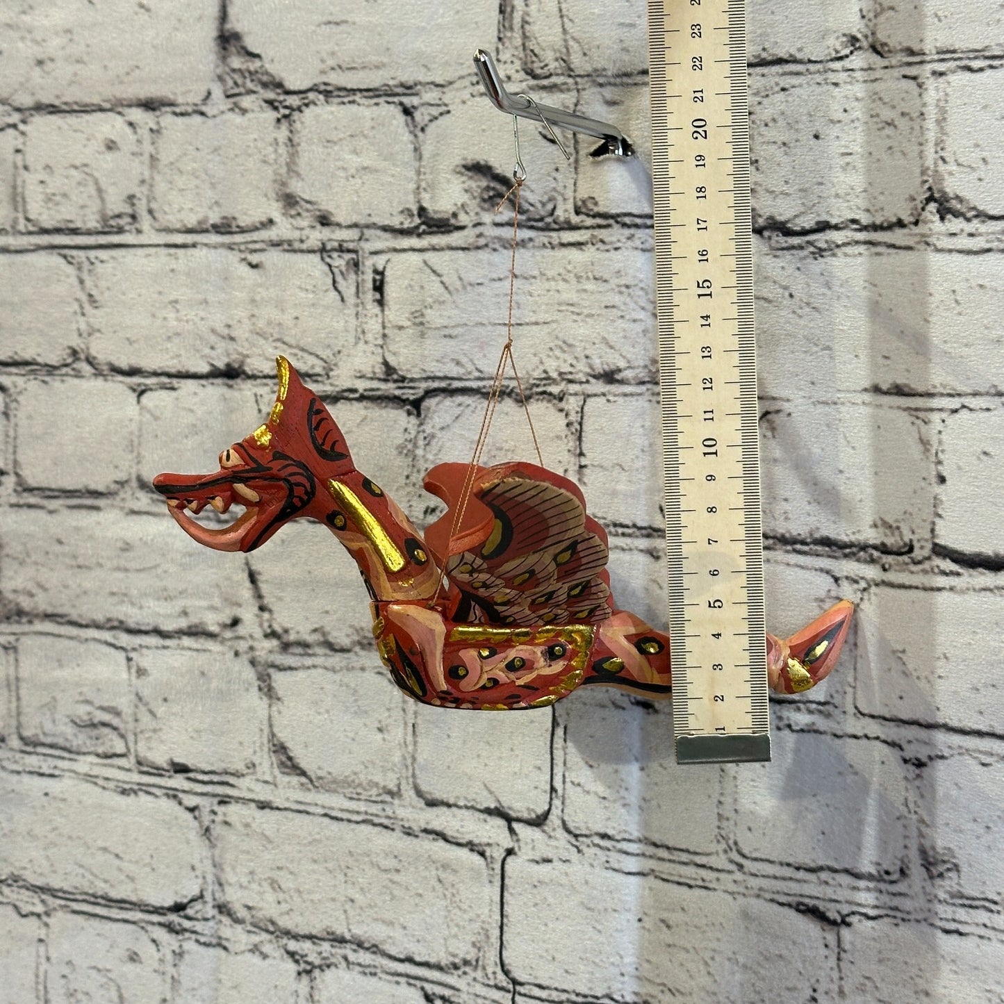 Small Red Dragon Folk Art Wood Flying Winged Mobile Spirit Chaser Guardian