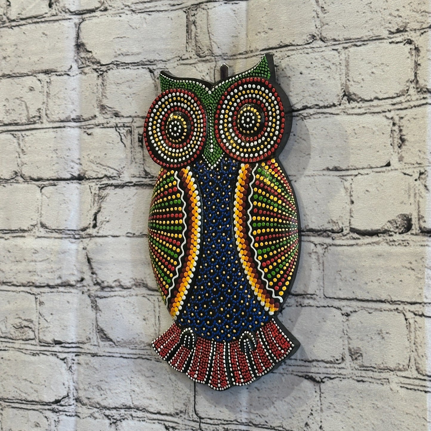 30cm Owl Carved Wooden Dot Painted Ethnic Tribal Tiki Wall Art Handmade No 2
