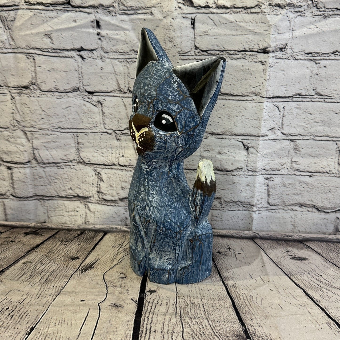 30cm x 12cm Blue Flower Wooden Shabby Cat Statue Ornament Fair Trade Handcarved