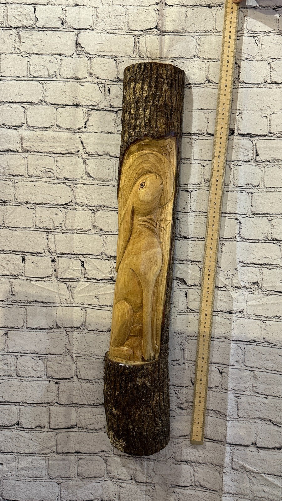 Hare With Moon Of The Woods 80cm Hand Carved Wizard Tree Trunk Wood Fairtrade