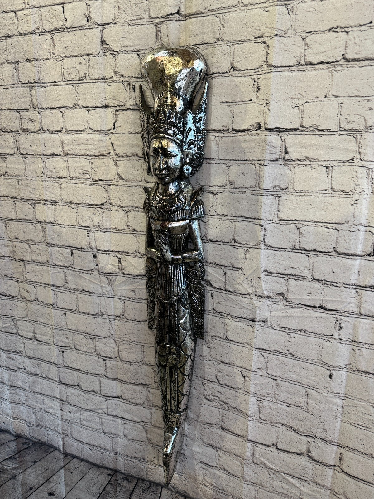 Silver Antique Colour Sita Dewi Bali Rice Goddess Wings Mermaid Wood 100cm Pair