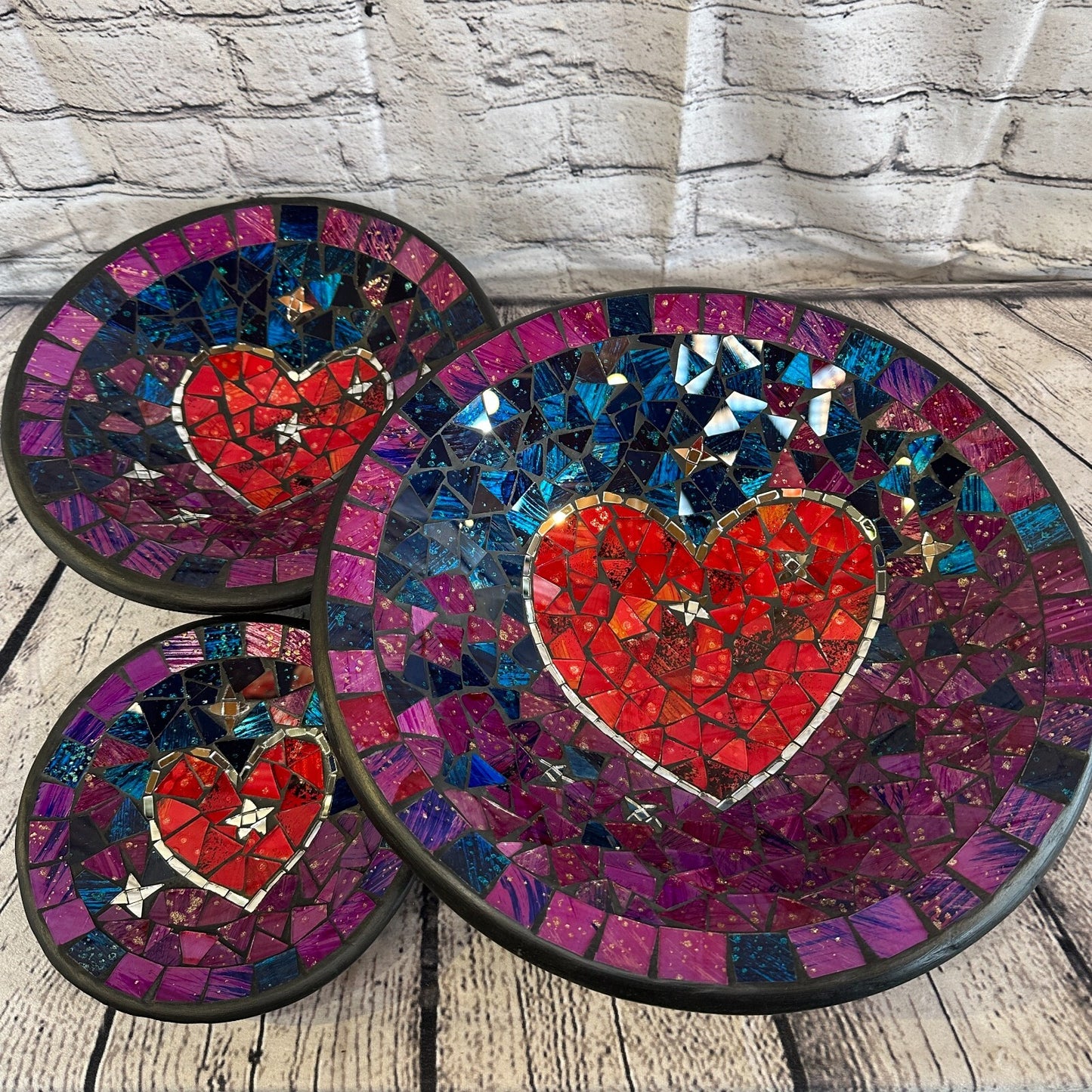 28cm Purple Red Heart Round Mosaic Handmade Ceramic Glass Tile Bowl Fruit