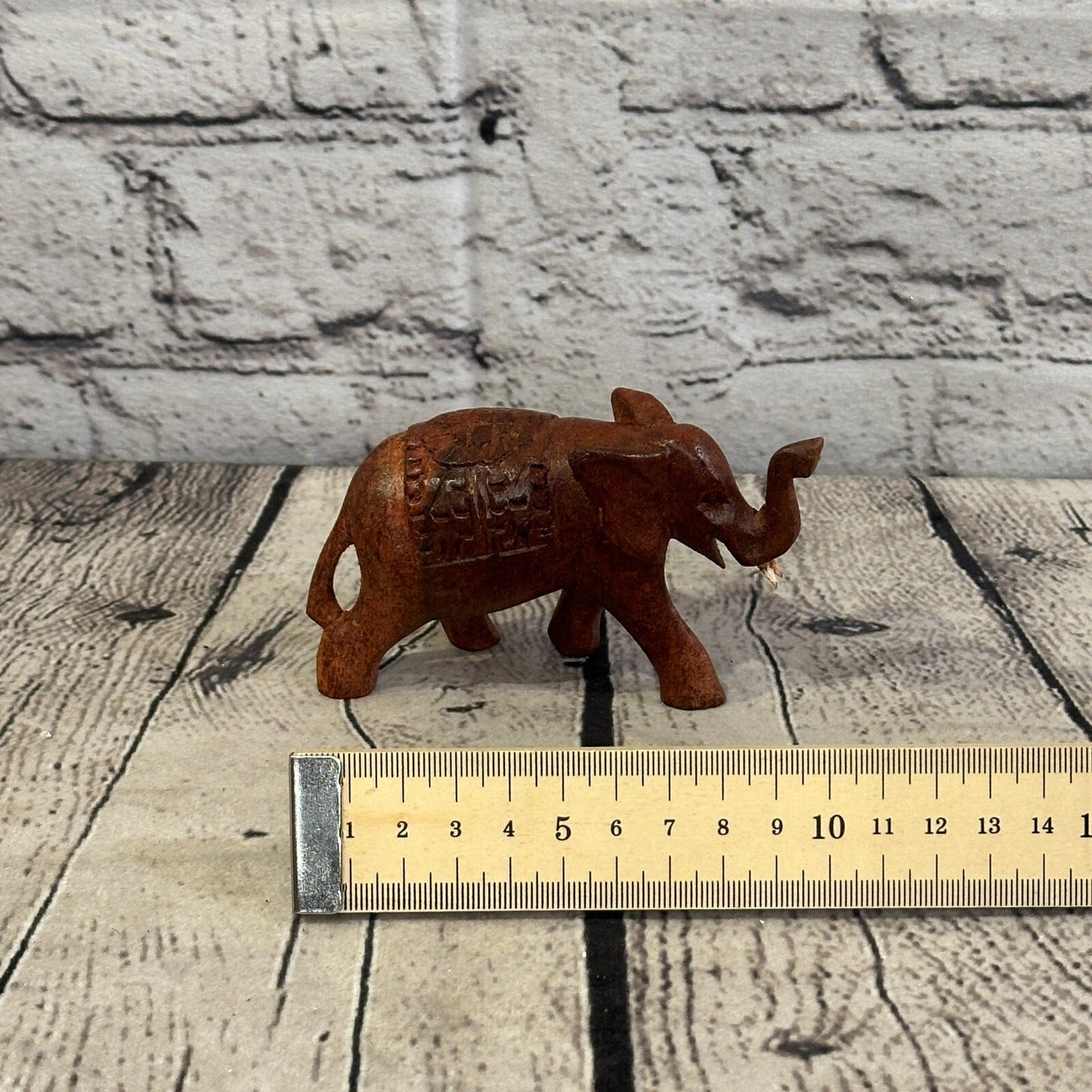 10cm x 6cm Carved Wooden Baby Elephant Wood Brown Sculpture Retro Handmade