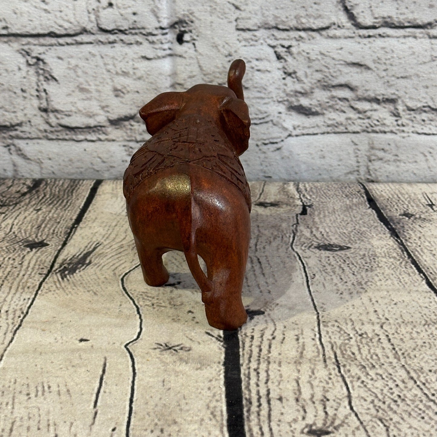 12cm x 8cm Carved Wooden Baby Elephant Wood Brown Sculpture Retro Handmade