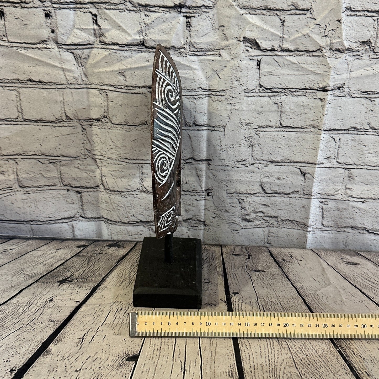 35cm x 25cm Wooden Tribal Primitive Black Mask Stand Sculpture Statue Art