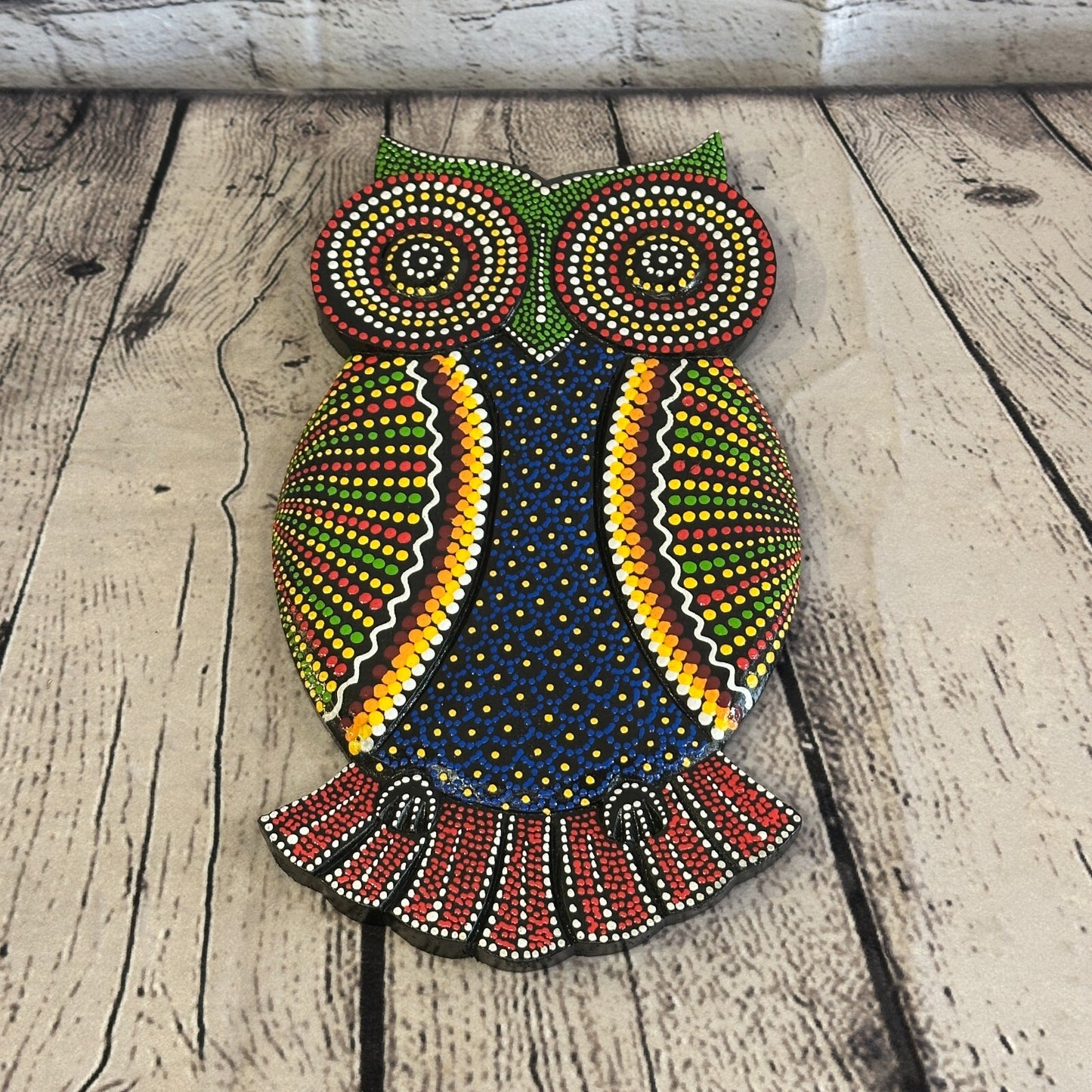 30cm Owl Carved Wooden Dot Painted Ethnic Tribal Tiki Wall Art Handmade No 2