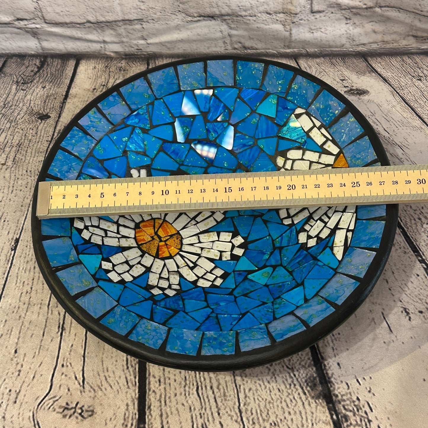 28cm Blue Daisy Flower Round Mosaic Handmade Ceramic Glass Tile Bowl Fruit