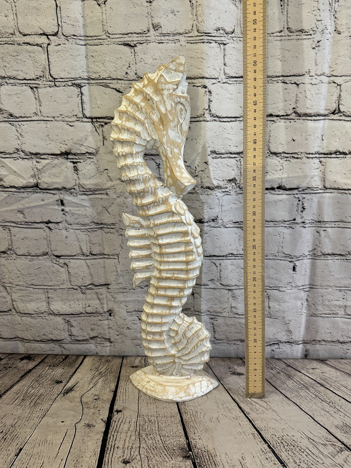 50cm White Plain Wooden Shabby Seahorse Statue Ornament Fair Trade Handcarved
