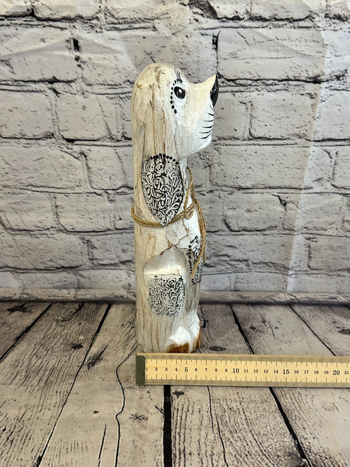 30cm White Flower Wooden Shabby Dog Statue Ornament Fair Trade Handcarved